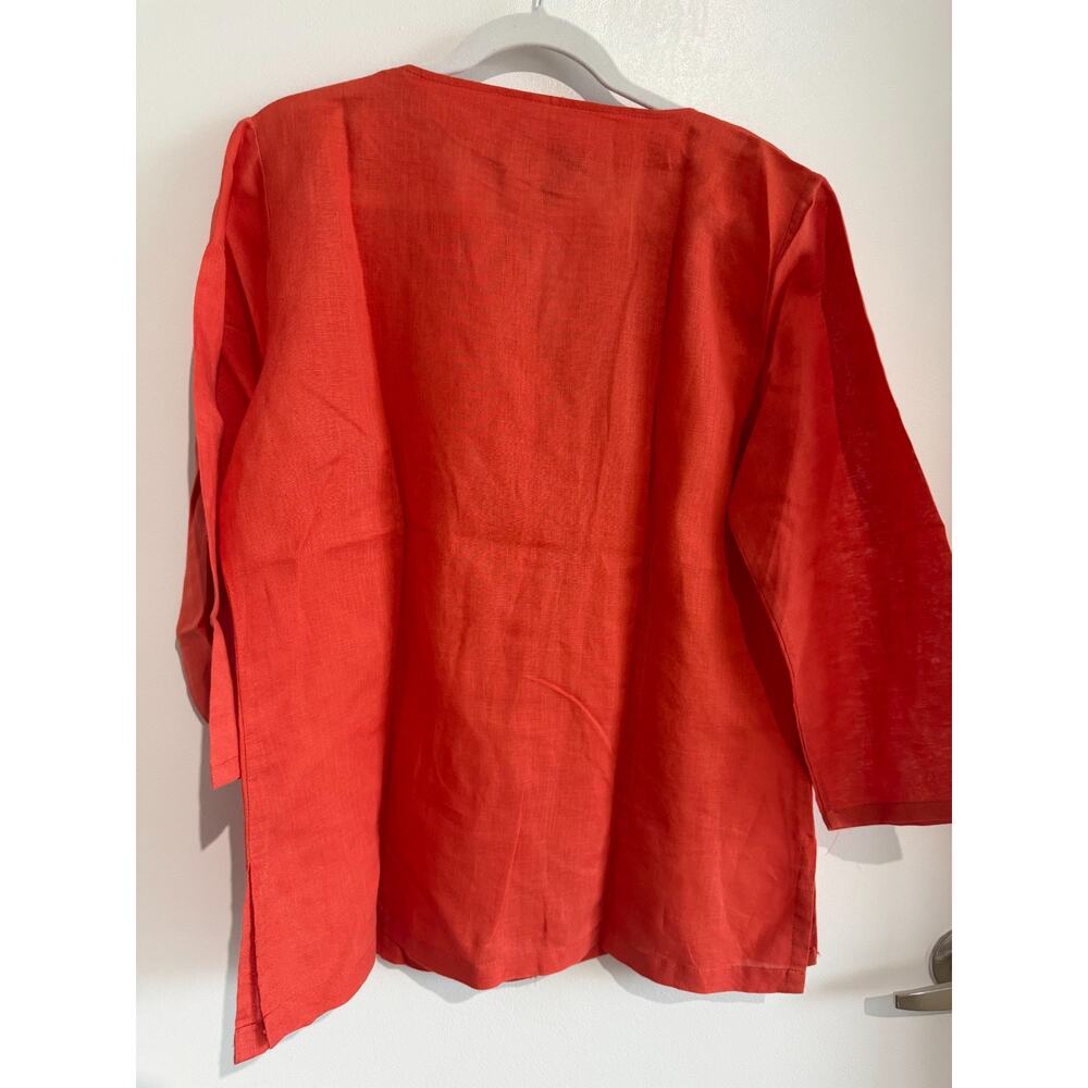 NWOT Linen blend Coral V-Neck Ruffle Trim tunic top tomato red festive Size-XL - Picture 3 of 8